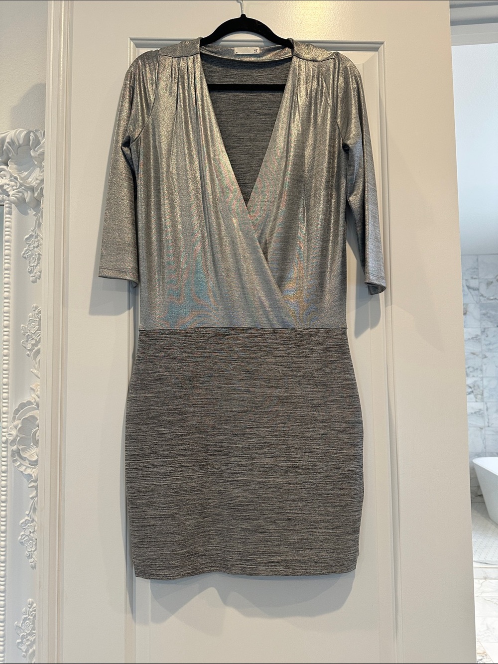 Metallic Silver V-Neck Wrap Dress - Women's